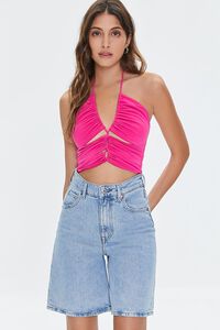 SHOCKING PINK Ruched Cutout Cropped Halter Top, image 1
