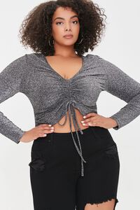 BLACK/SILVER Plus Size Ruched Drawstring Crop Top, image 1