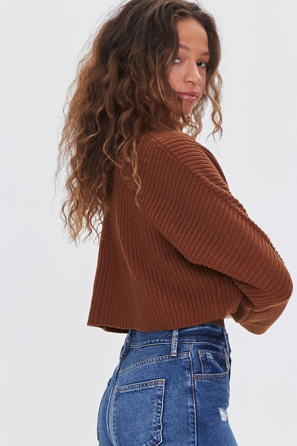 BROWN Ribbed Cropped Cardigan Sweater, image 2