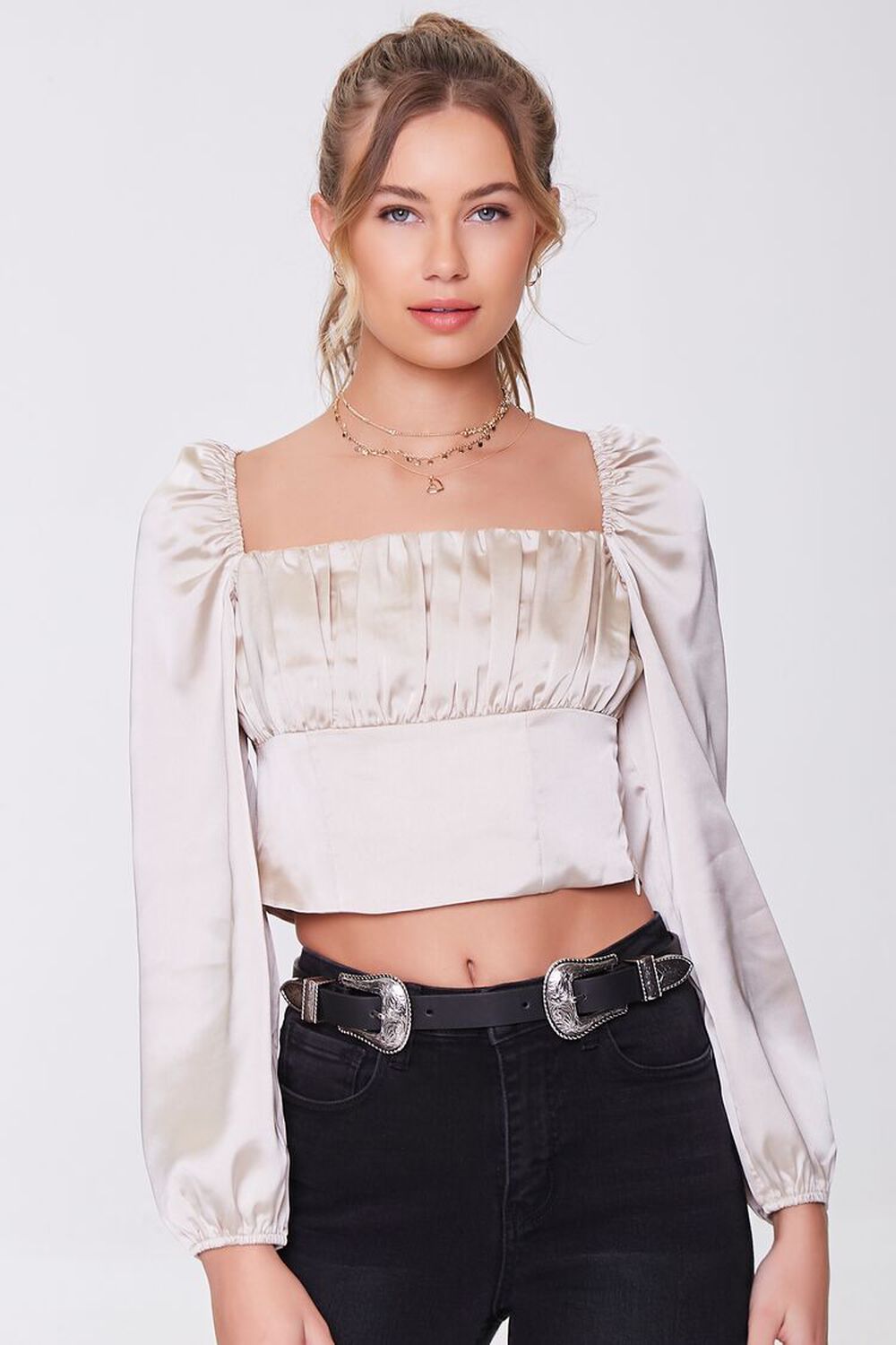CHAMPAGNE Satin Pintucked Crop Top, image 1