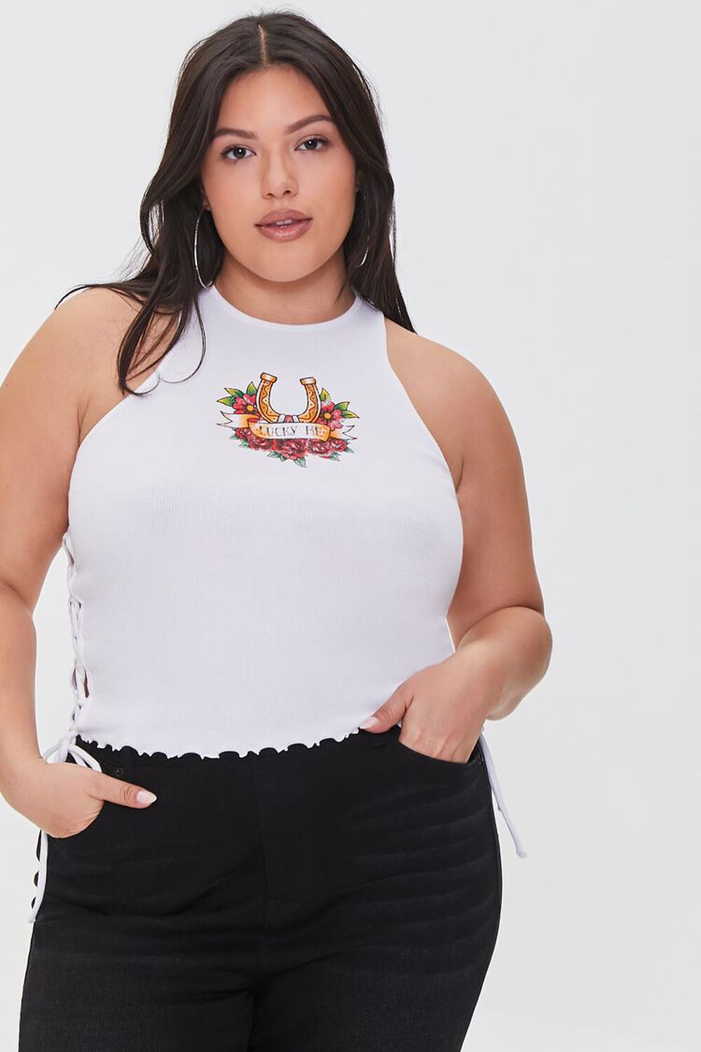 WHITE/MULTI Plus Size Lucky Me Graphic Tank Top, image 1