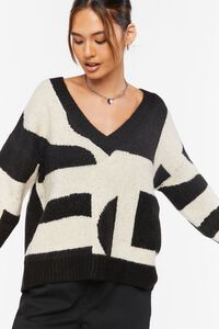BEIGE/BLACK Abstract Print V-Neck Sweater, image 2