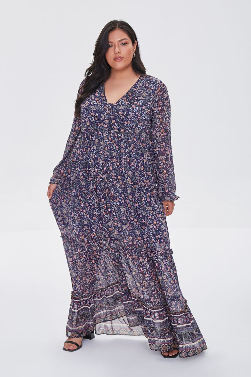 NAVY/MULTI Plus Size Chiffon Floral Maxi Dress, image 1