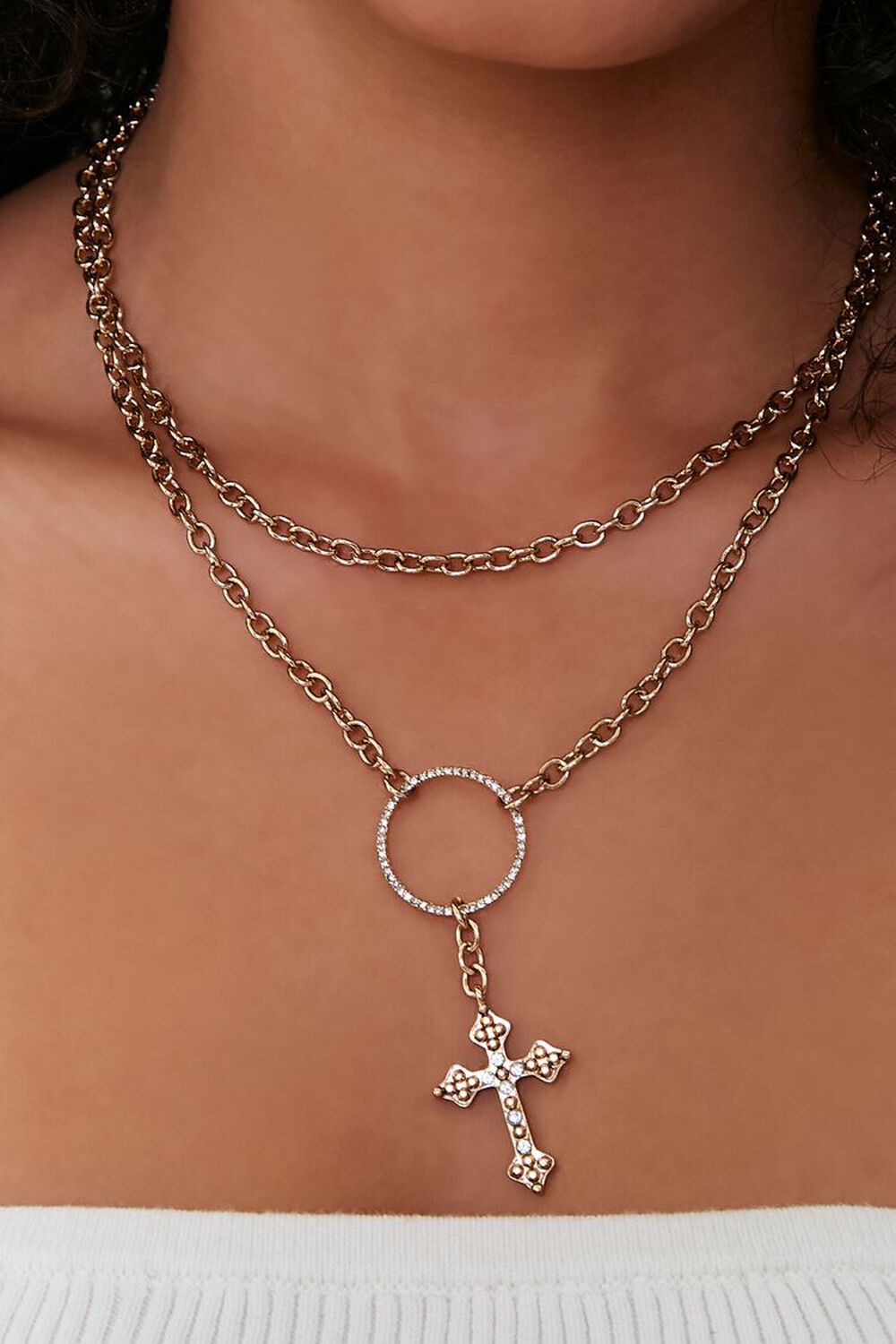 GOLD Cross Pendant Layered Choker Necklace, image 1