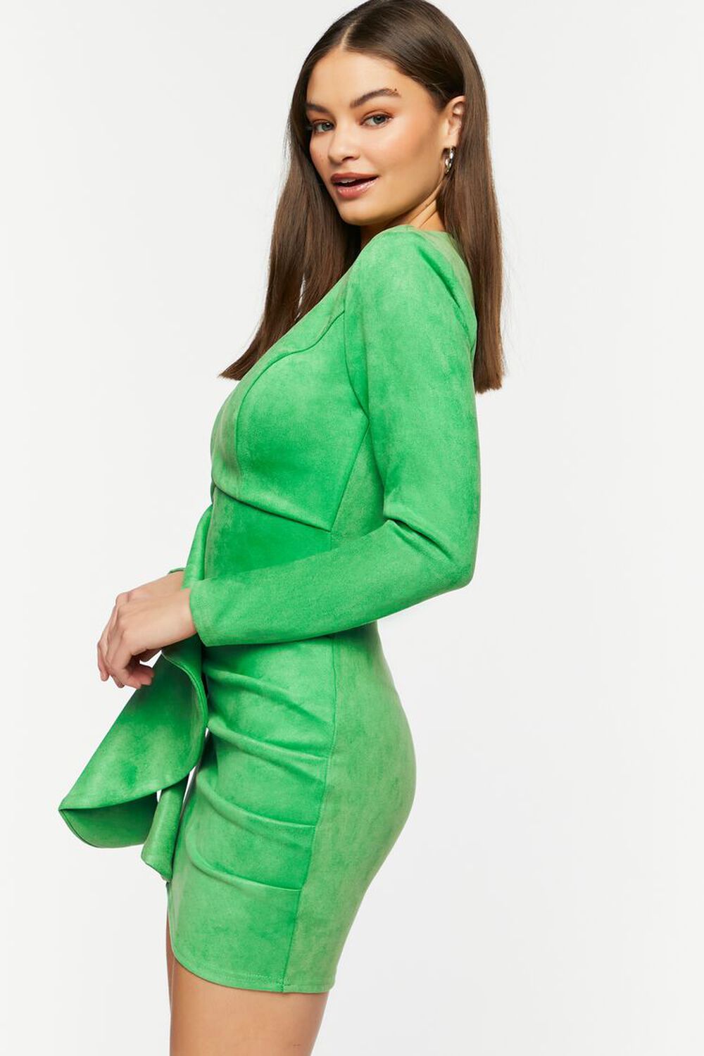 GREEN Faux Suede Godet Mini Dress, image 2