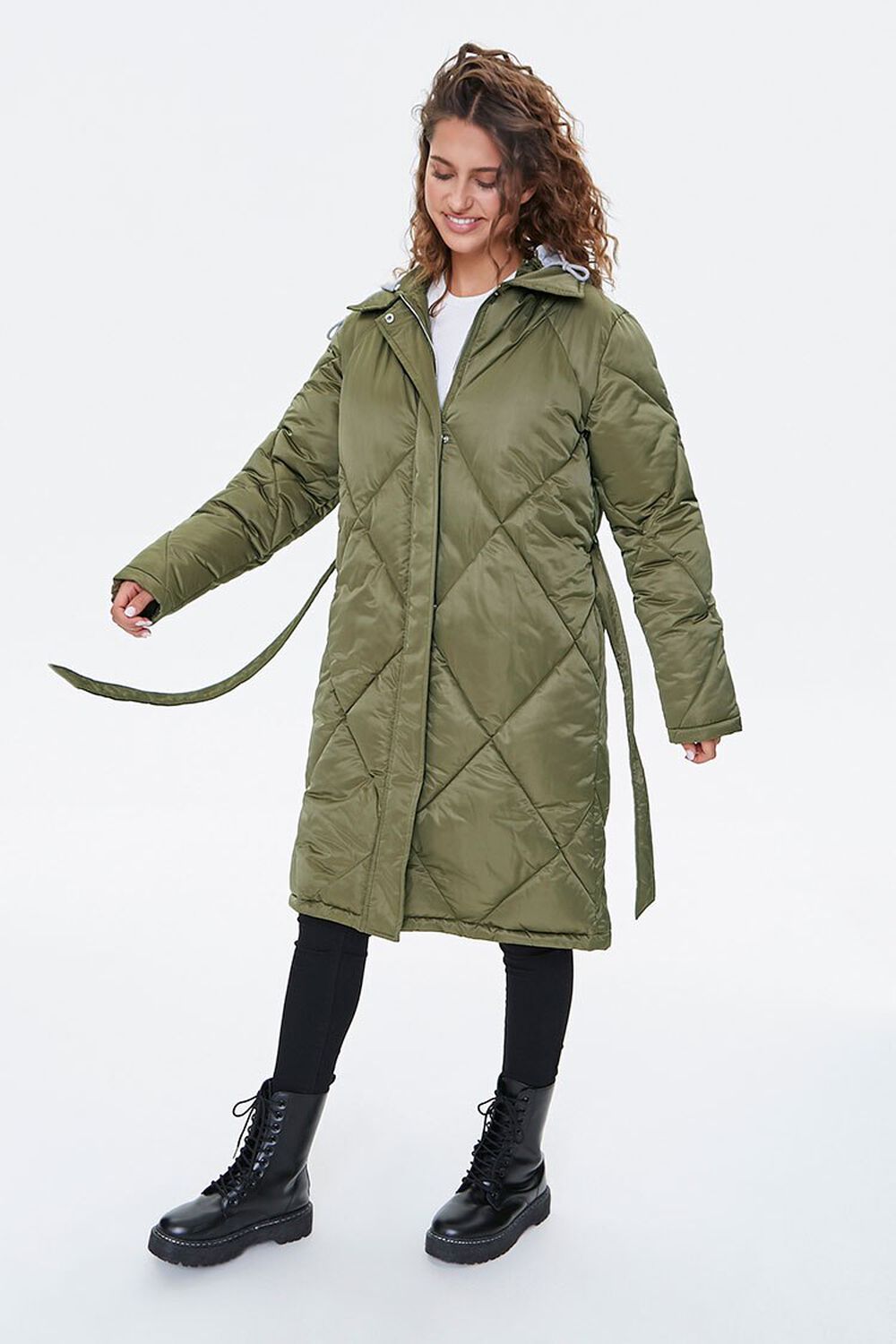 OLIVE/HEATHER GREY Longline Quilted Puffer Jacket, image 2
