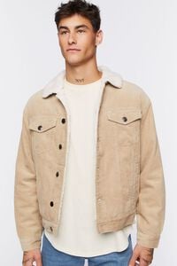 TAUPE/CREAM Corduroy Faux Shearling Trucker Jacket, image 2