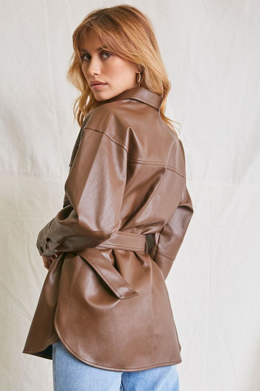 BROWN Belted Faux Leather Jacket, image 3