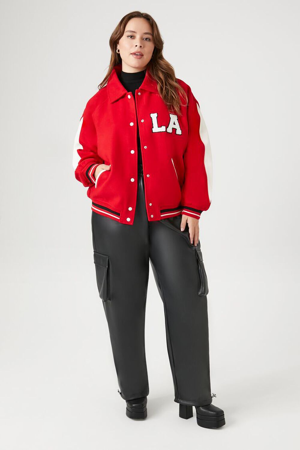 Women's Red La Graphic Front Contrast Satin Bomber Jacket - Size M