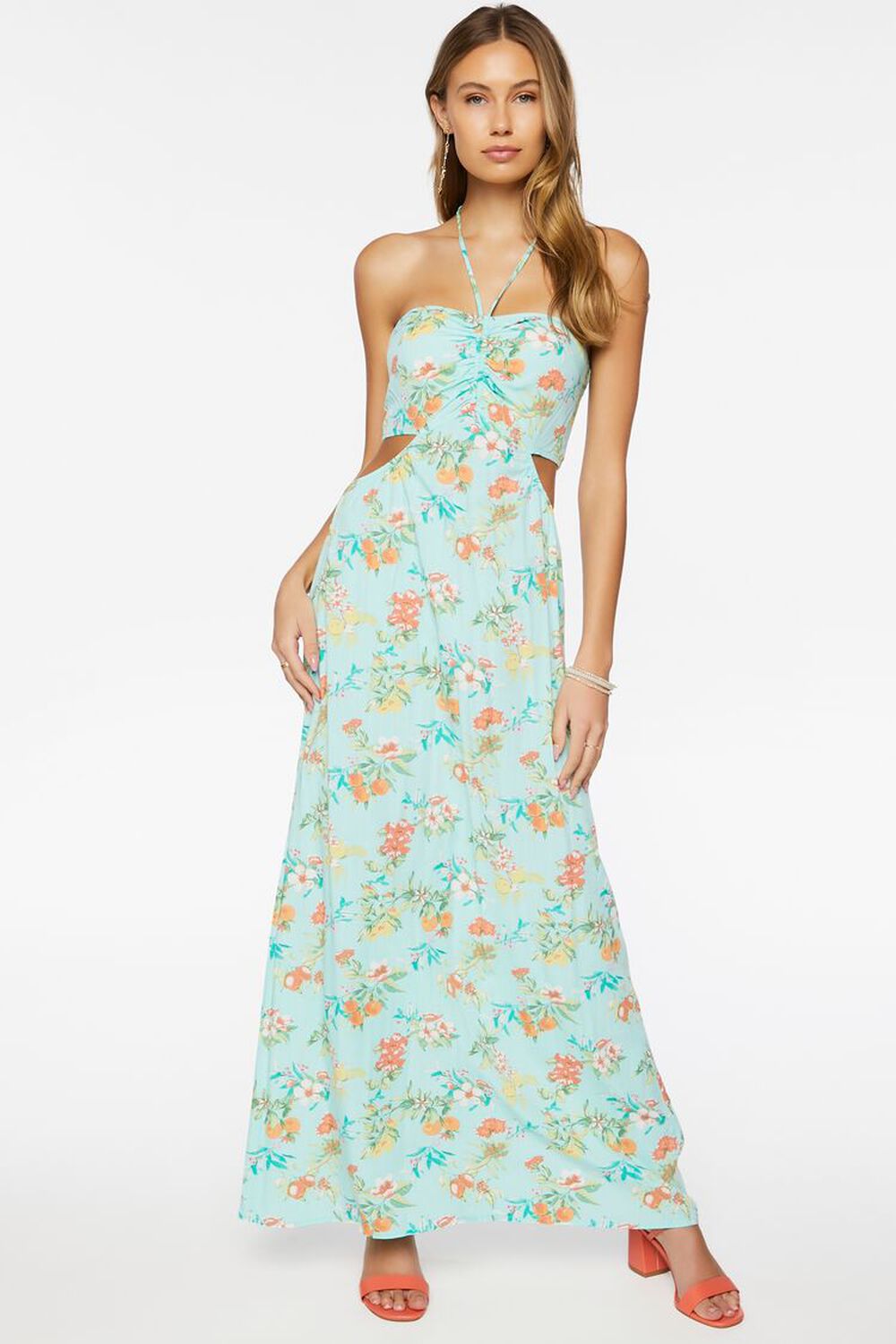 LIGHT BLUE/MULTI Floral Print Halter Maxi Dress, image 1