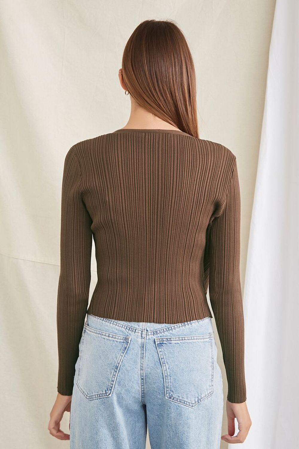 BROWN Ribbed Knit Cardigan Sweater, image 3