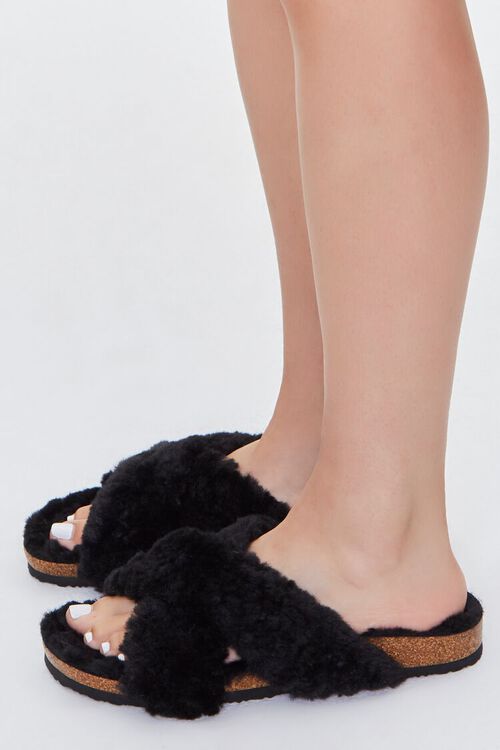 BLACK Plush Faux Fur Crisscross Sandals, image 2