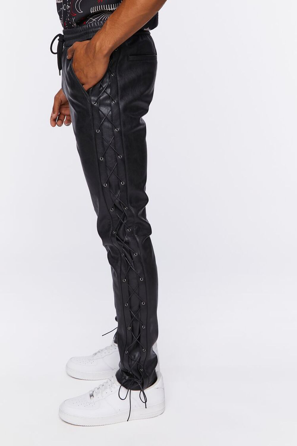 BLACK Faux Leather Side Lace-Up Pants, image 3