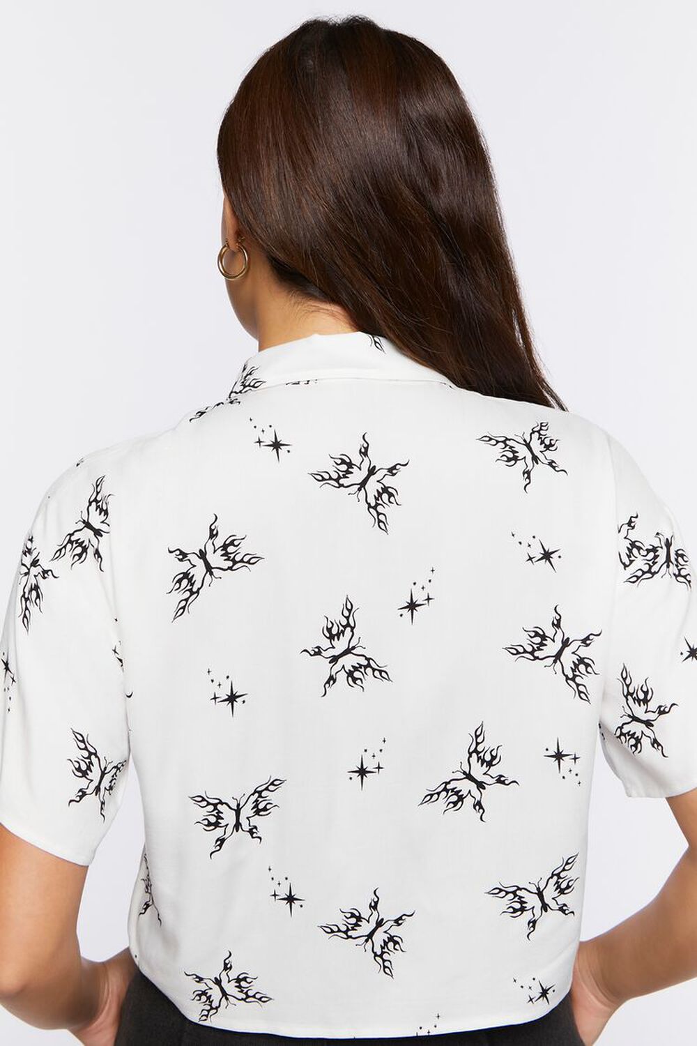 WHITE/BLACK Butterfly Print Cropped Shirt, image 3