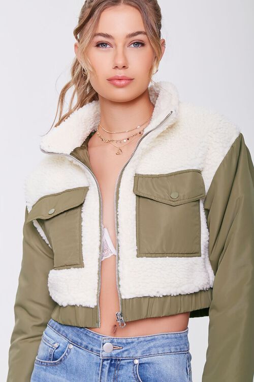CREAM/OLIVE Colorblock Faux Shearling Jacket, image 1