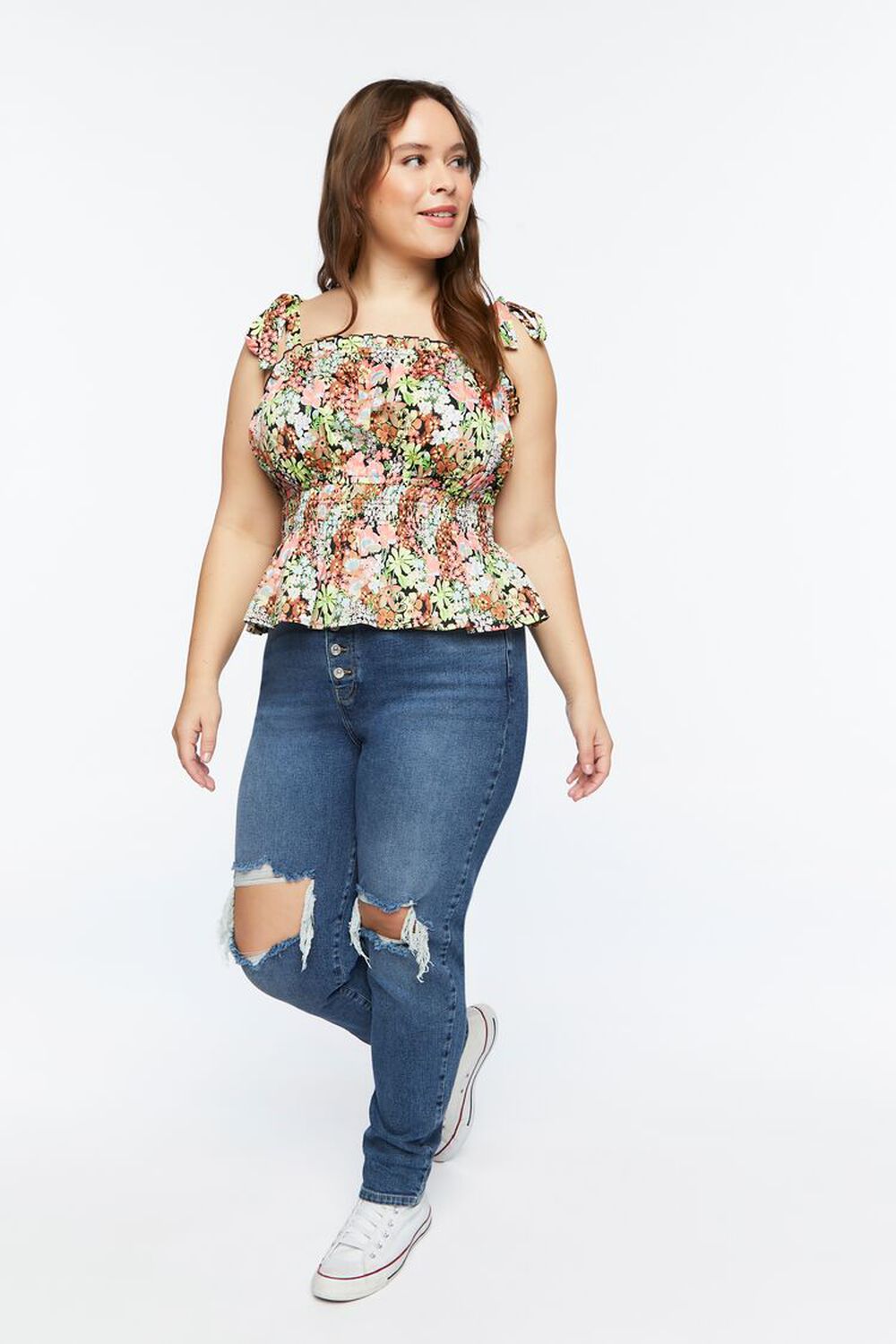 Plus Size Floral Smocked Tie-Strap Top