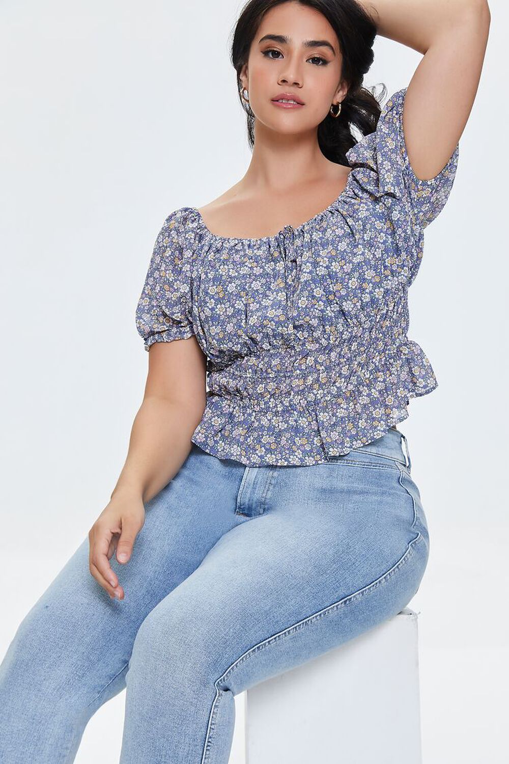 BLUE/MULTI Plus Size Ditsy Floral Ruffled Top, image 1