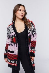 BLACK/MULTI Plus Size Mixed Print Longline Cardigan Sweater, image 1