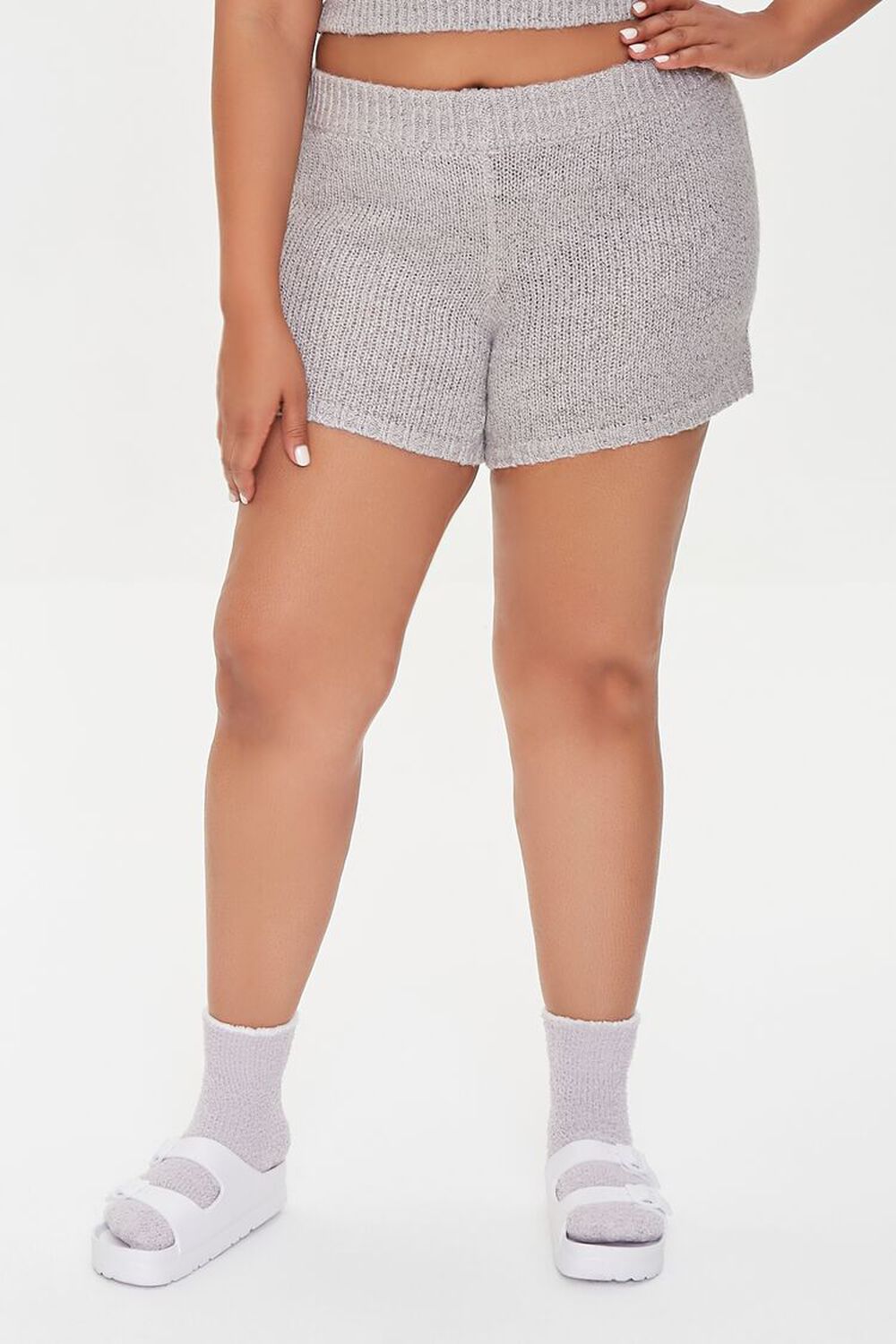HEATHER GREY Plus Size Sweater-Knit Ribbed Shorts, image 2