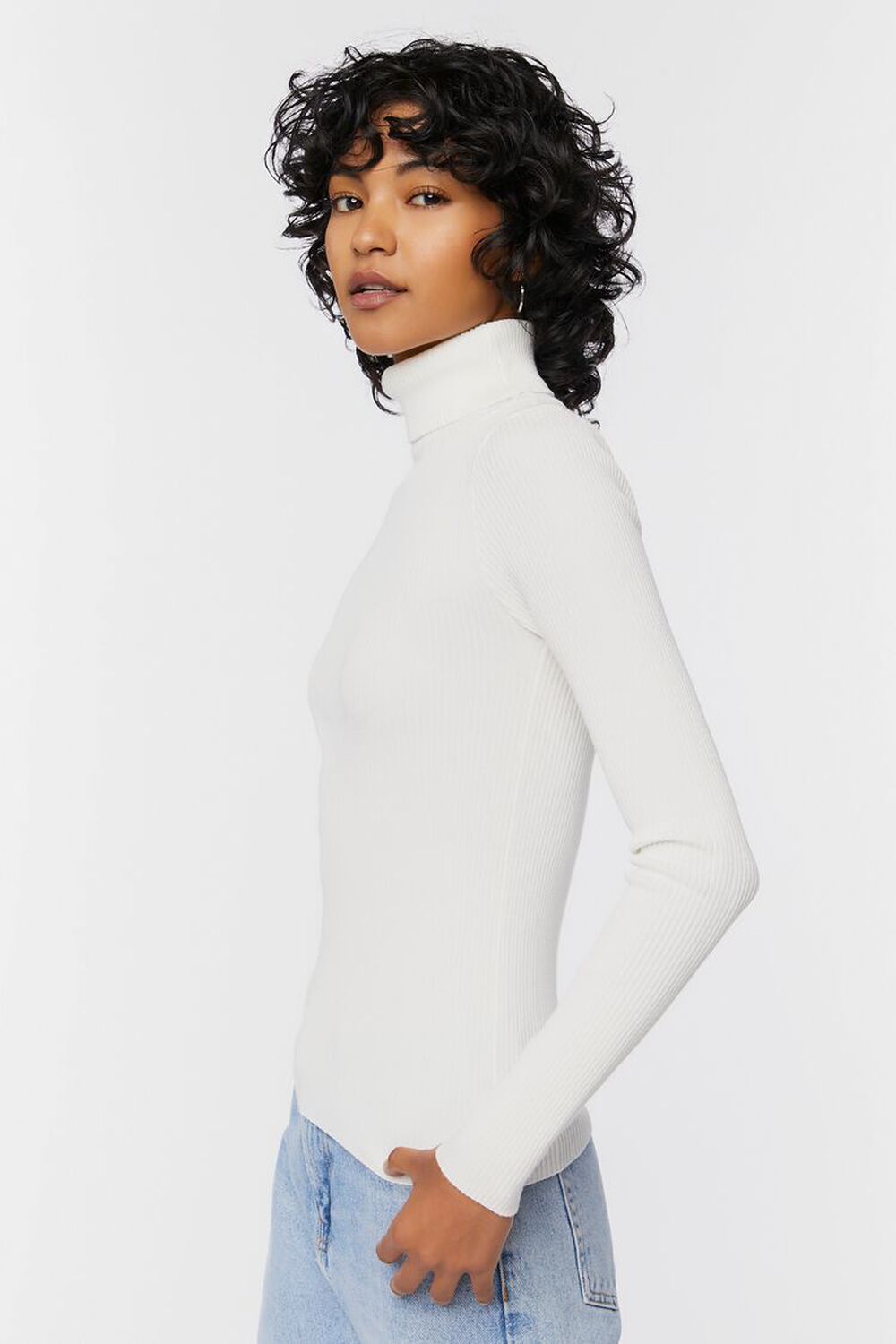 WHITE Ribbed Turtleneck Sweater-Knit Top, image 2