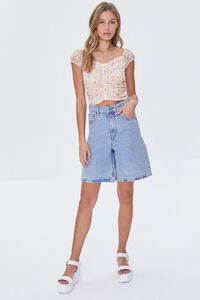 IVORY/MULTI Floral Print Ruched Mesh Crop Top, image 4