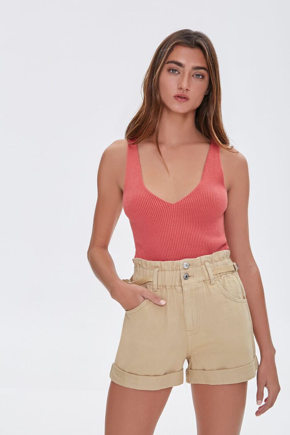 TAUPE Cuffed Paperbag Shorts, image 1
