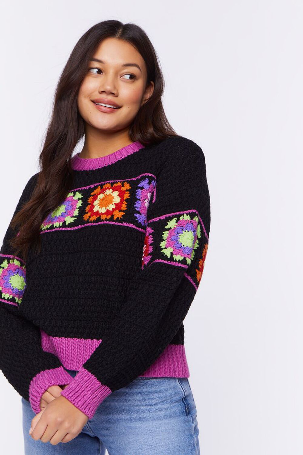 BLACK/MULTI Floral Crochet Sweater, image 1