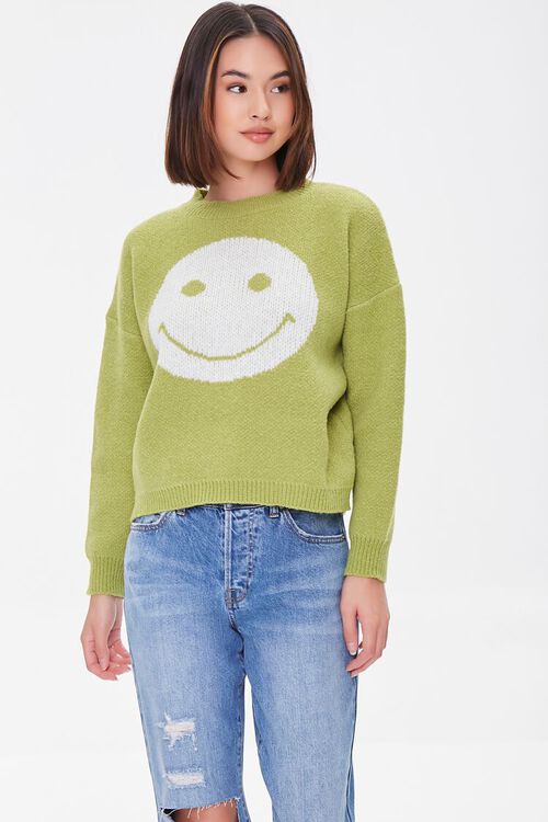 AVOCADO/WHITE Happy Face Drop-Sleeve Sweater, image 1