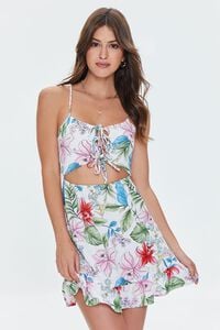 WHITE/MULTI Tropical Print Lace-Front Mini Dress, image 1