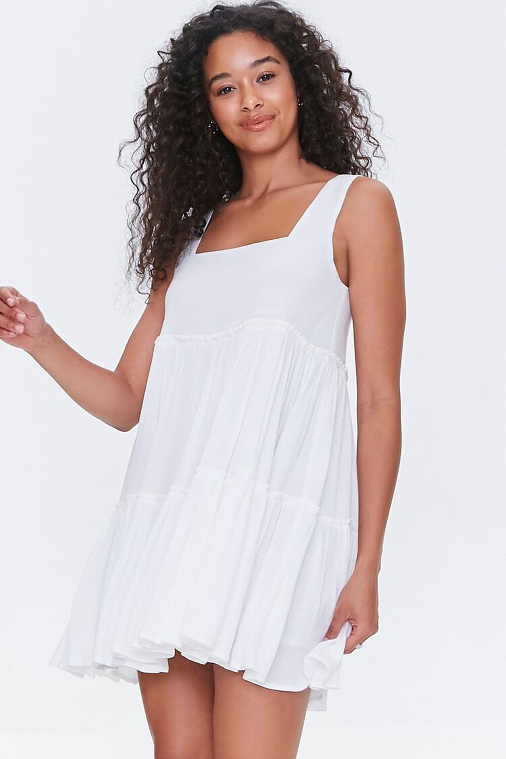 WHITE Shirred Tiered Mini Dress, image 1