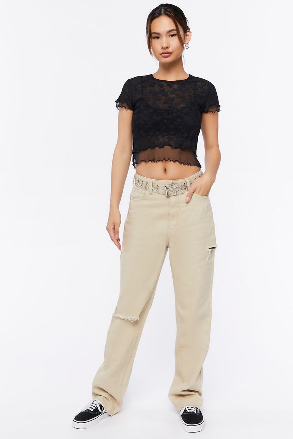 Floral Lace Mesh Cropped Baby Tee