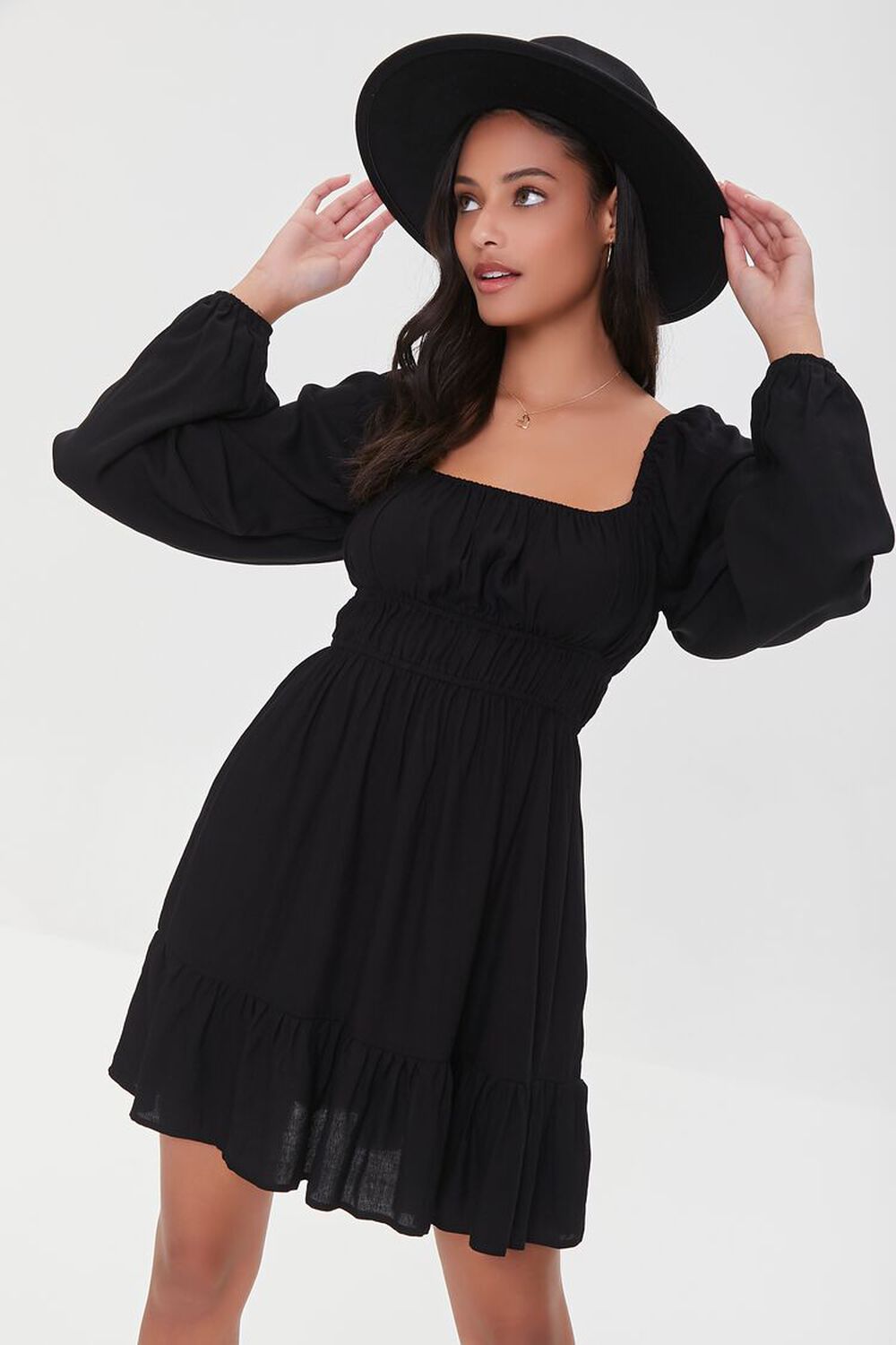 BLACK Twill Peasant-Sleeve Mini Dress, image 1