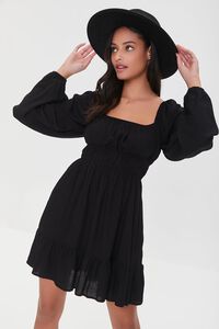 BLACK Twill Peasant-Sleeve Mini Dress, image 1