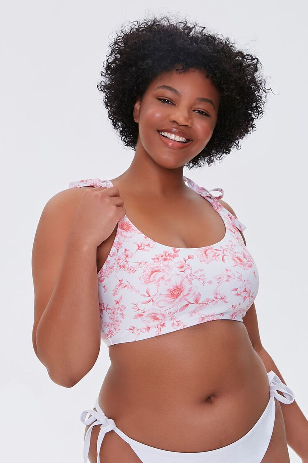 PINK/WHITE Plus Size Floral Print Self-Tie Bikini Top, image 1