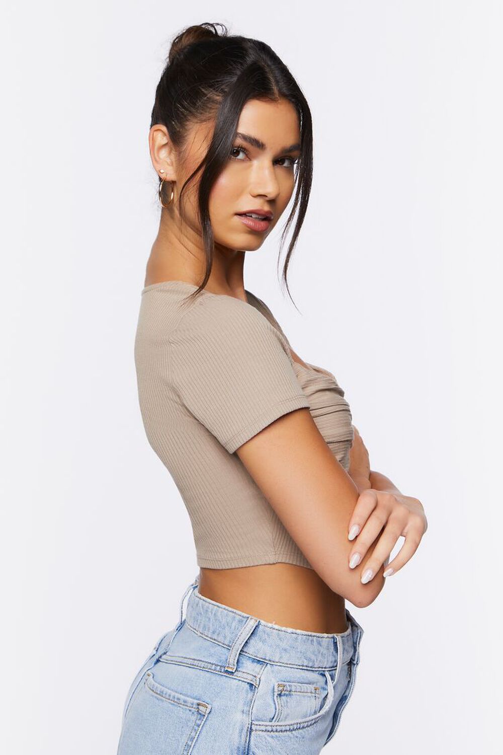 Ruched Rib-Knit Crop Top, image 2
