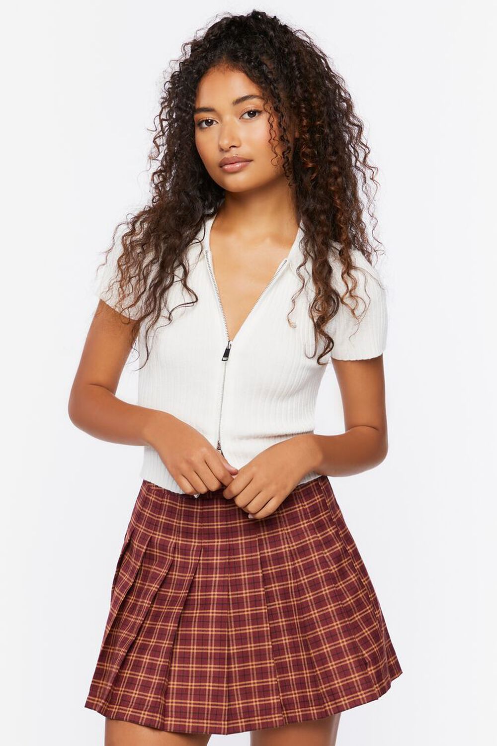 BURGUNDY/MULTI Pleated Plaid Mini Skirt, image 1