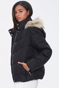 BLACK Faux Fur Hooded Puffer Jacket, image 2