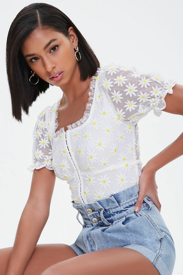 Daisy Embroidered Mesh Top