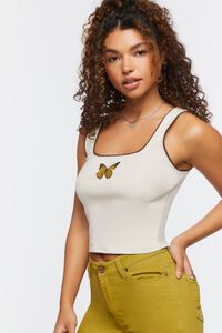 TAUPE/MULTI Lace-Trim Butterfly Tank Top, image 2