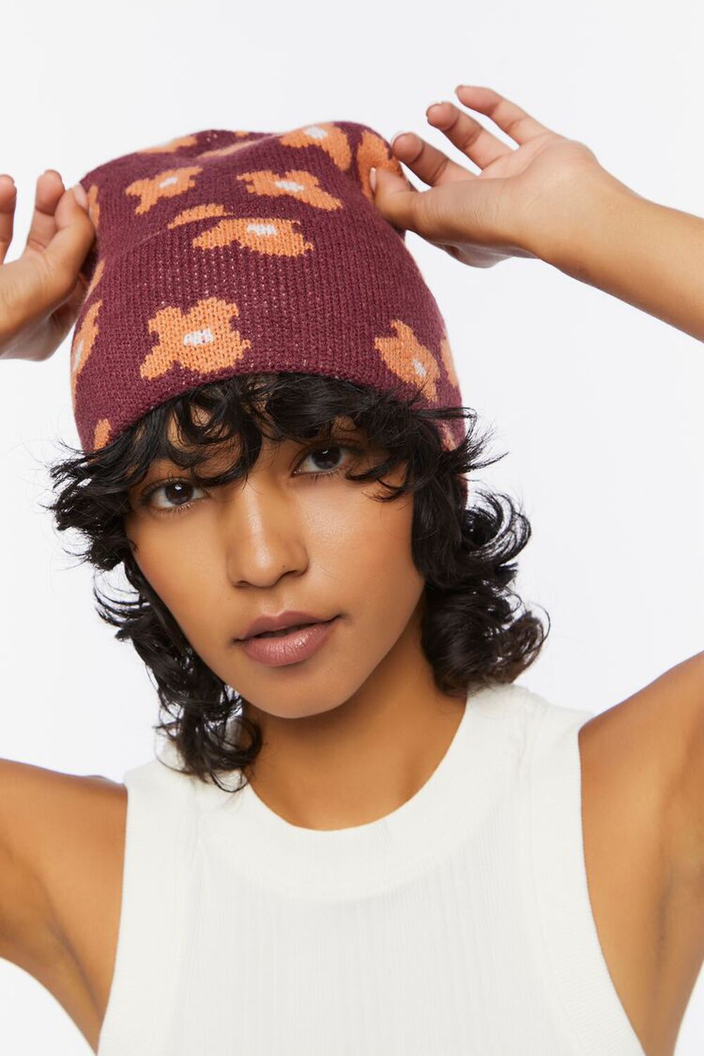 Ribbed Knit Floral Beanie, image 3