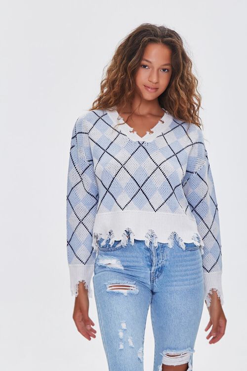 BLUE/WHITE Distressed Argyle Sweater, image 1