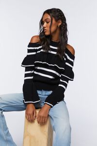 BLACK/CREAM Open-Shoulder Ruffle Sweater, image 1