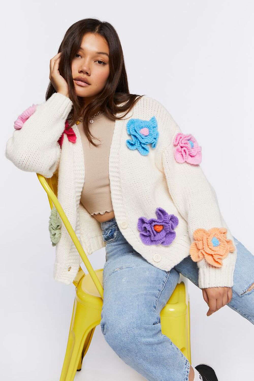Chunky Floral Cardigan Sweater