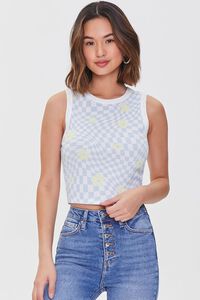 SKY BLUE/CELERY Checkered Print Floral Tank Top, image 1
