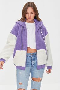 LAVENDER/CREAM Colorblock Faux Shearling Hooded Jacket, image 2