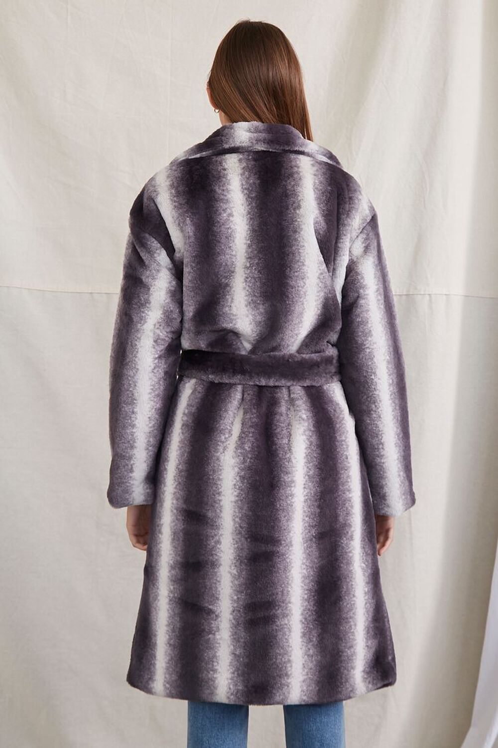 CHARCOAL/WHITE Belted Faux Fur Longline Coat, image 3