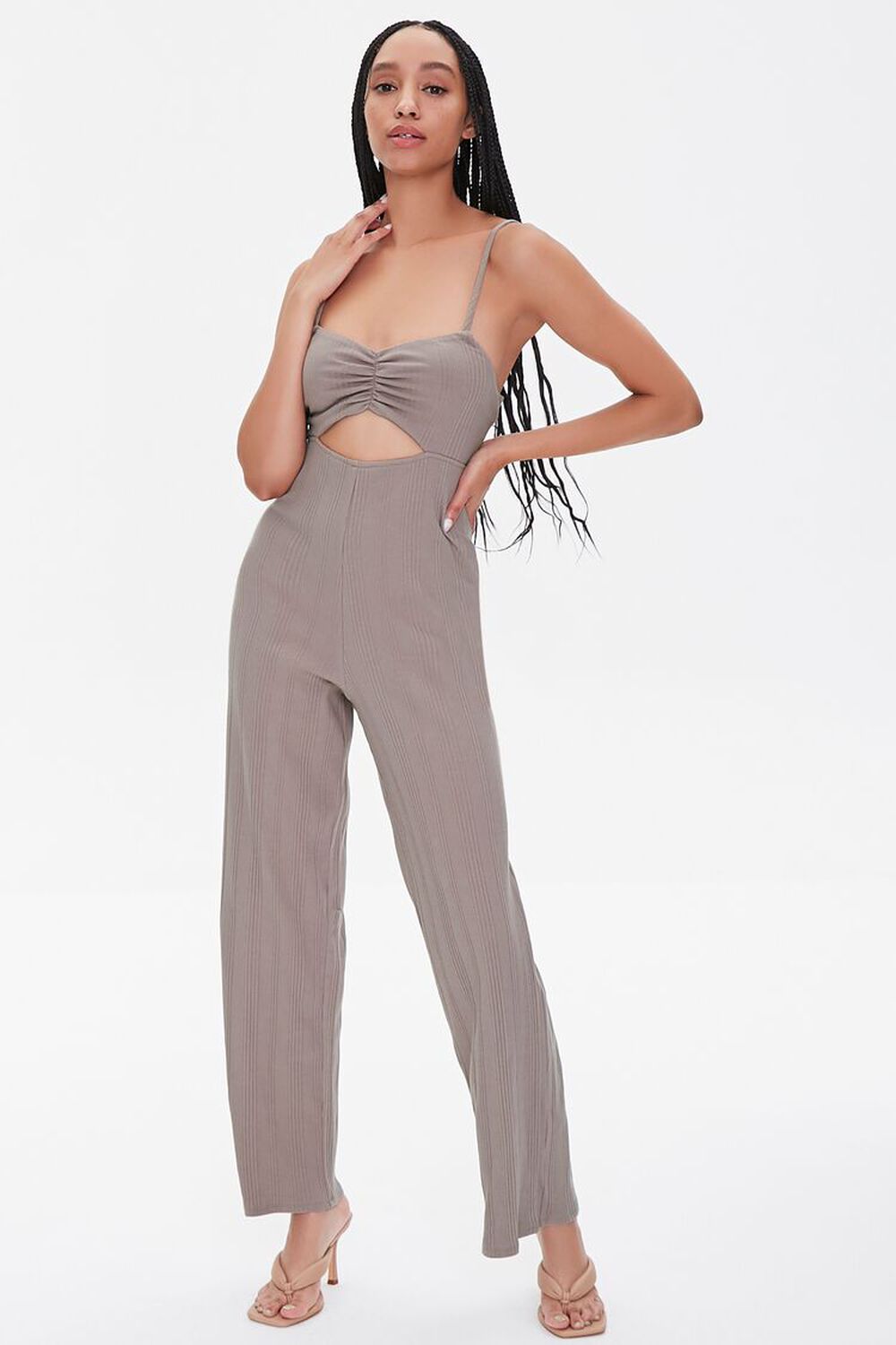 TAUPE Ribbed Knit Cutout Jumpsuit, image 1