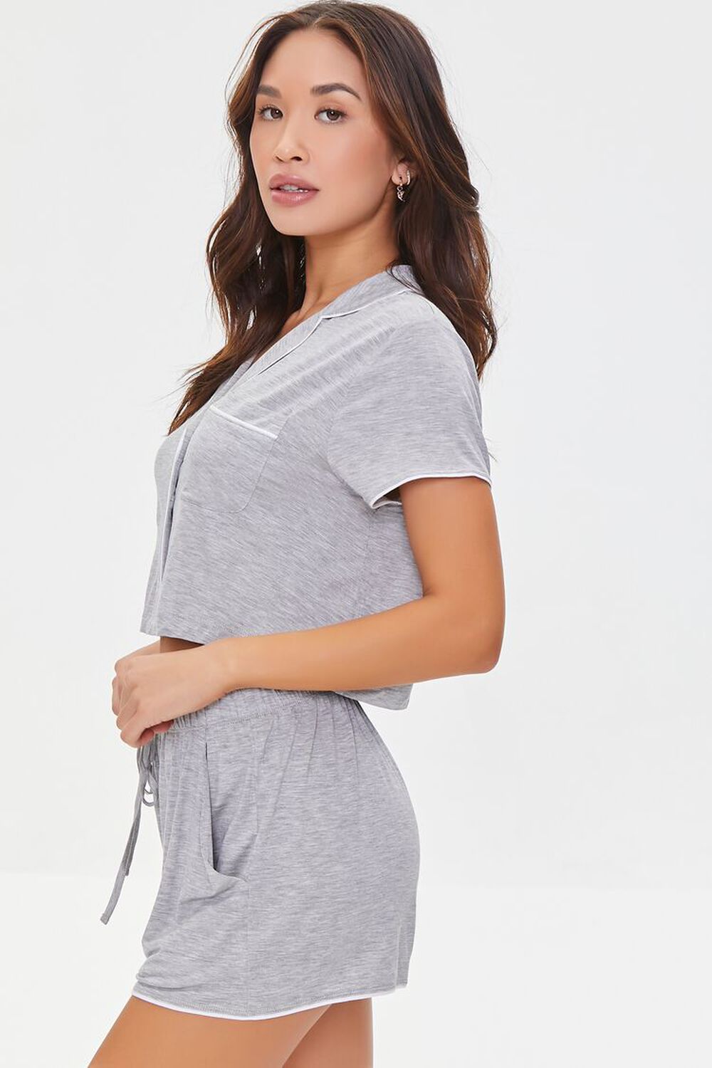 HEATHER GREY Cropped Shirt & Short Pajama Set, image 2