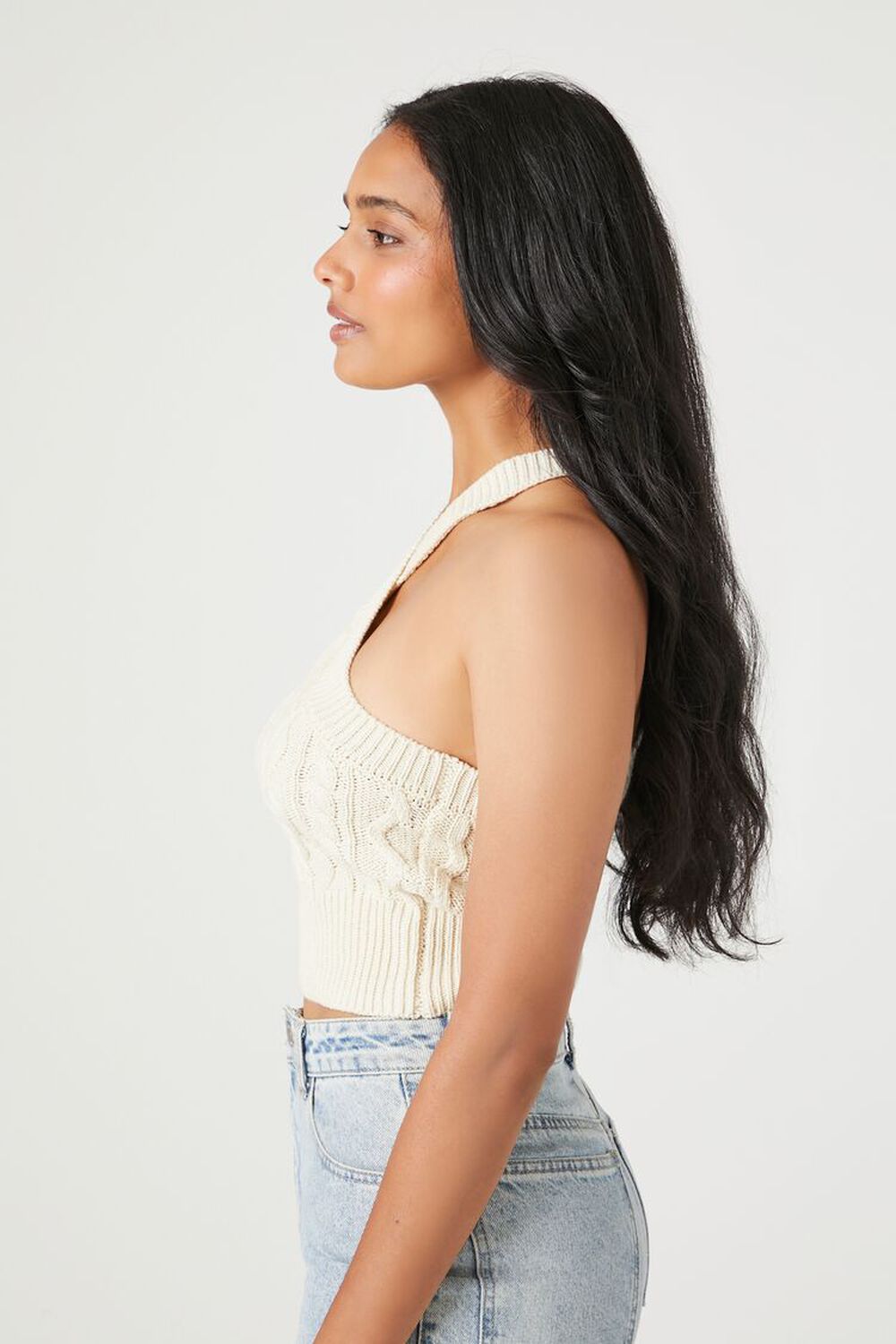 OATMEAL Cable Knit Halter Crop Top, image 2