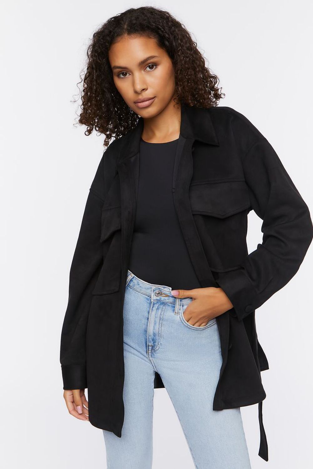 BLACK Faux Suede Trench Jacket, image 1